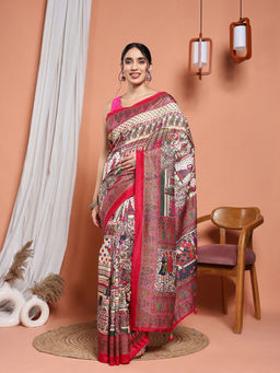 MEENA BAZAAR - Beige Art Silk Tassels Printed Saree with Unstitched Blouse