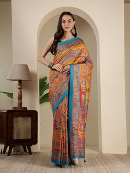 MEENA BAZAAR - Mustard Art Silk Tassels Printed Saree with Unstitched Blouse