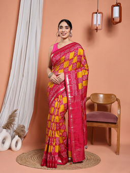 MEENA BAZAAR - Mustard Art Silk Tassels Printed Saree with Unstitched Blouse