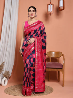 MEENA BAZAAR - Navy Blue Art Silk Tassels Printed Saree with Unstitched Blouse
