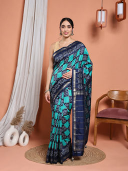 MEENA BAZAAR - Turquoise Art Silk Tassels Printed Saree with Unstitched Blouse
