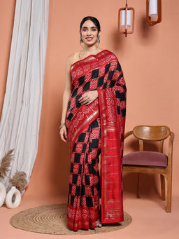 MEENA BAZAAR - Black Art Silk Tassels Printed Saree with Unstitched Blouse
