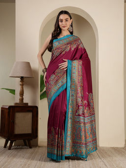 MEENA BAZAAR - Wine Art Silk Tassels Printed Saree with Unstitched Blouse