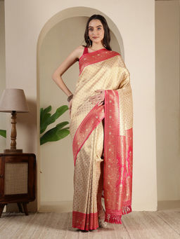 MEENA BAZAAR - Beige Art Silk Tassels Woven Handloom Saree with Unstitched Blouse