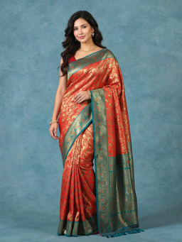 MEENA BAZAAR - Red Art Silk Tassels Woven Handloom Saree with Unstitched Blouse