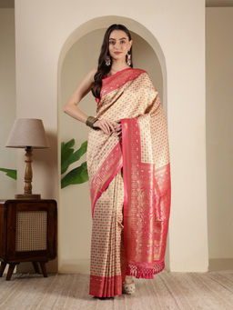 MEENA BAZAAR - Beige Art Silk Tassels Woven Handloom Saree with Unstitched Blouse