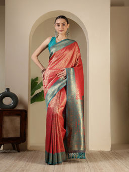 MEENA BAZAAR - Red Art Silk Tassels Woven Handloom Saree with Unstitched Blouse