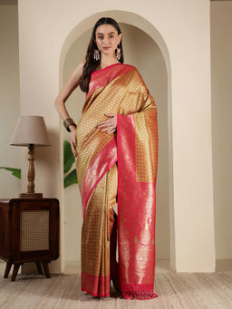 MEENA BAZAAR - Mustard Art Silk Tassels Woven Handloom Saree with Unstitched Blouse