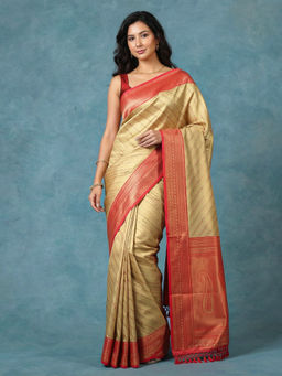 MEENA BAZAAR - Beige Art Silk Tassels Woven Handloom Saree with Unstitched Blouse