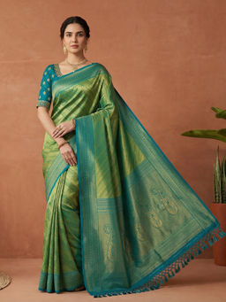 MEENA BAZAAR - Green Art Silk Tassels Woven Handloom Saree with Unstitched Blouse