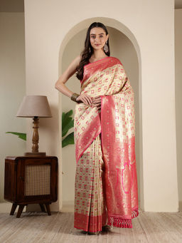 MEENA BAZAAR - Beige Art Silk Tassels Woven Handloom Saree with Unstitched Blouse