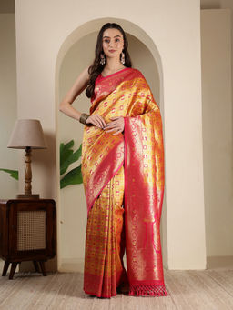 MEENA BAZAAR - Mustard Art Silk Tassels Woven Handloom Saree with Unstitched Blouse