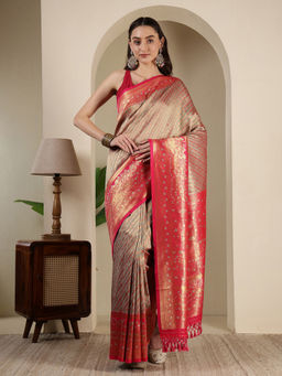 MEENA BAZAAR - Beige Art Silk Tassels Woven Handloom Saree with Unstitched Blouse