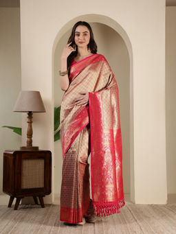 MEENA BAZAAR - Peach Art Silk Tassels Woven Handloom Saree with Unstitched Blouse