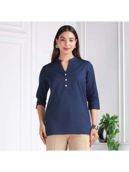 MLADA - Navy Blue Linen Mandarin Neck Three Fourth Sleeves Solid Kurti