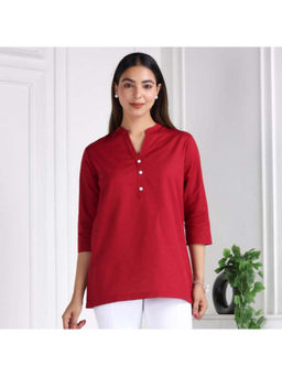 MLADA - Maroon Linen Mandarin Neck Three Fourth Sleeves Solid Kurti