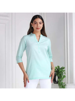 MLADA - Turquoise Linen Mandarin Neck Three Fourth Sleeves Solid Kurti