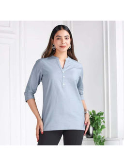 MLADA - Grey Linen Mandarin Neck Three Fourth Sleeves Solid Kurti