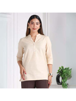 MLADA - Beige Linen Mandarin Neck Three Fourth Sleeves Solid Kurti
