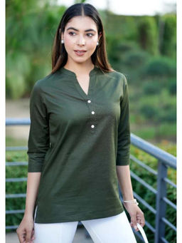 MLADA - Olive Linen Mandarin Neck Three Fourth Sleeves Solid Kurti