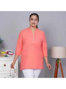 MLADA - Coral Linen Mandarin Neck Three Fourth Sleeves Solid Kurti