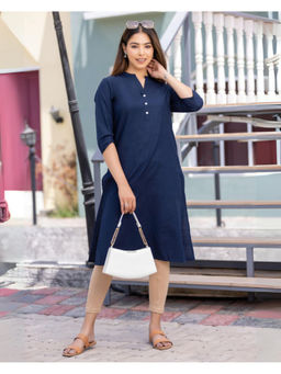 MLADA - Navy Blue Linen Blend Mandarin Neck Three Fourth Sleeves Solid Kurta