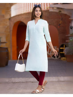 MLADA - Blue Linen Blend Mandarin Neck Three Fourth Sleeves Solid Kurta