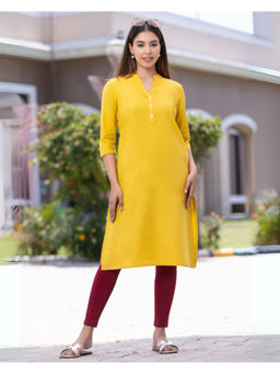MLADA - Mustard Linen Blend Mandarin Neck Three Fourth Sleeves Solid Kurta