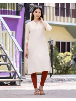 MLADA - Beige Linen Blend Mandarin Neck Three Fourth Sleeves Solid Kurta