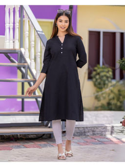 MLADA - Black Linen Blend Mandarin Neck Three Fourth Sleeves Solid Kurta