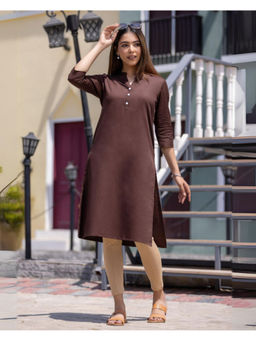 MLADA - Brown Linen Blend Mandarin Neck Three Fourth Sleeves Solid Kurta