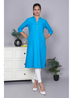 MLADA - Turquoise Linen Blend Mandarin Neck Three Fourth Sleeves Solid Kurta