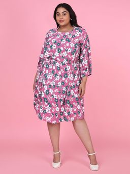 SHOWOFF - Womens Floral Pink Fit and Flare Dress with Belt