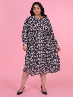 SHOWOFF - Womens Floral Navy Blue Fit and Flare Midi Dress