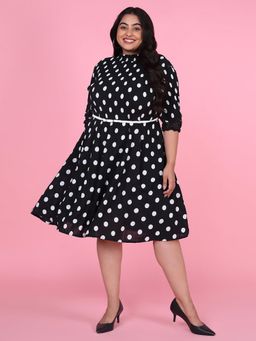 SHOWOFF - Womens Polka Dots Black Fit and Flare Midi Dress with Belt (Set of 2)