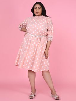 SHOWOFF - Womens Polka Dots Peach Fit and Flare Midi Dress with Belt (Set of 2)