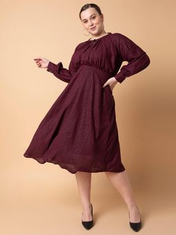 SHOWOFF - Womens Printed Maroon Fit and Flare Midi Dress
