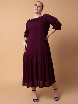 SHOWOFF - Womens Solid Maroon Fit and Flare Midi Dress