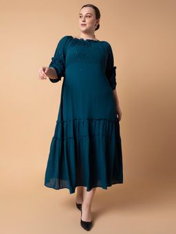 SHOWOFF - Womens Solid Teal Fit and Flare Midi Dress
