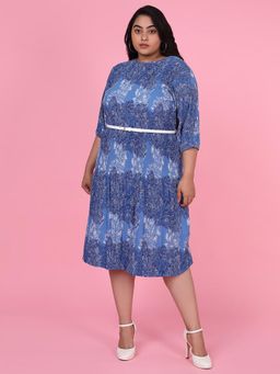 SHOWOFF - Womens Printed Blue A-Line Dress with Belt (Set of 2)