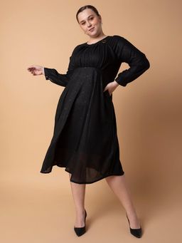 SHOWOFF - Womens Solid Black Fit and Flare Midi Dress
