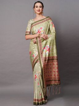 Odette - Olive Green Festive Dole Silk Printed Saree with Unstitched Blouse