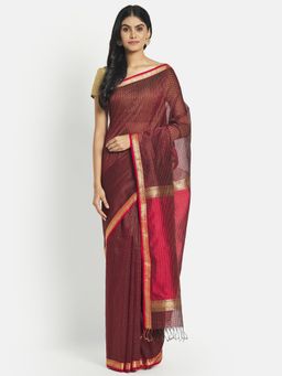 Fabindia - Maroon Cotton Silk Maheshwari Woven Saree without Blouse