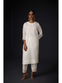 BRIH - White Pearl Embroidered Kurta with Pant (Set of 2)