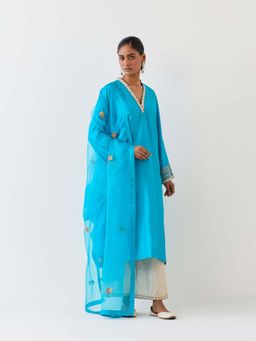 BRIH - Turquoise Blue Embroidered Dupatta