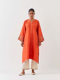 BRIH - Rust Embroidered Kurta with Pant (Set of 2)