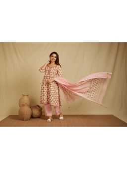 Meeta's - Pink Cotton Printed Kurta with Pant and Dupatta