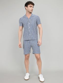 Monte Carlo - Navy Blue Cotton Blend Stripes Shirt with Shorts
