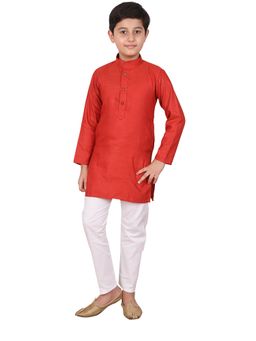 Pro Ethic Style Developer - Red Boy's Cotton Self Design Kurta Pyjama Set