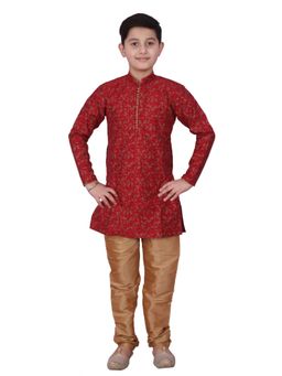 Pro Ethic Style Developer - Maroon Handloom Jacquard Silk Kurta Set for Boys